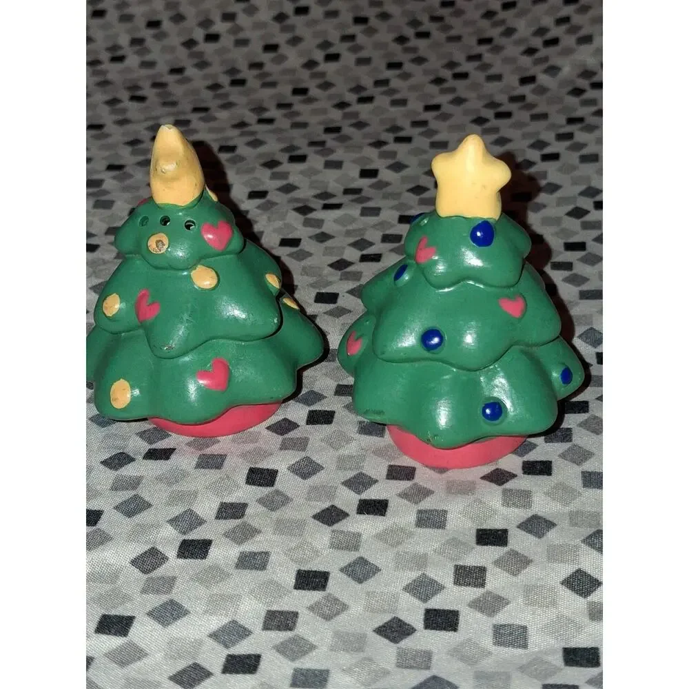 Vintage Ceramic Hand Painted Salt & Pepper Shaker Set Christmas Tree Shaped